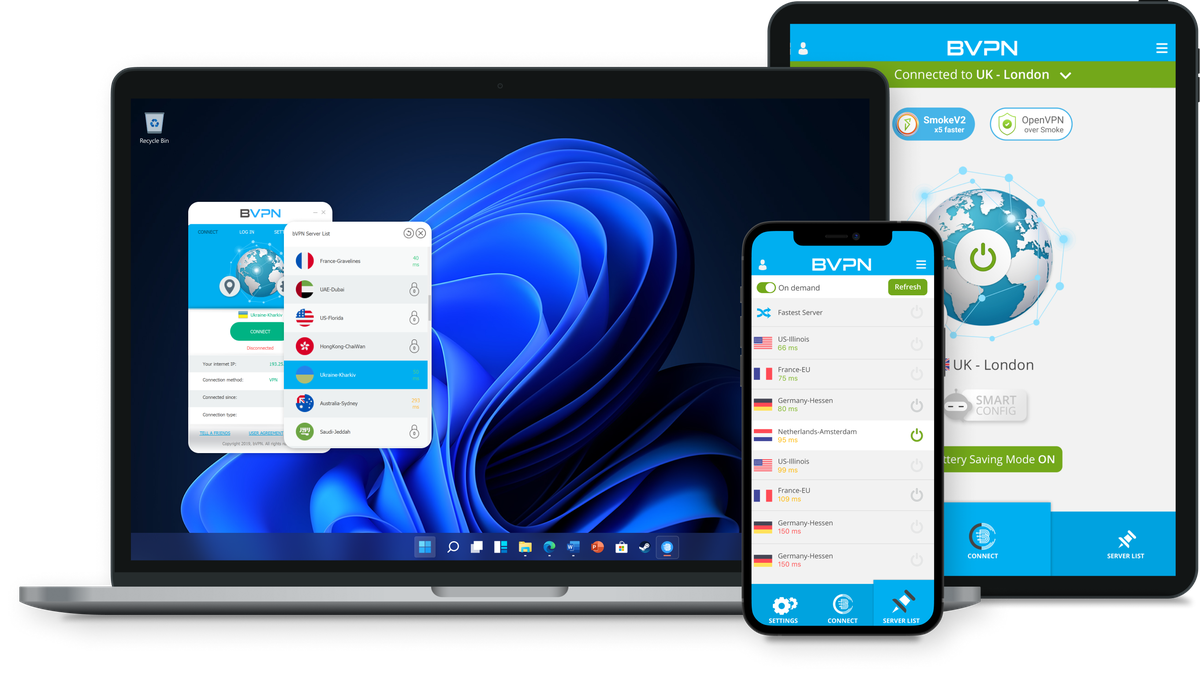 bVPN running on a laptop, tablet and phone